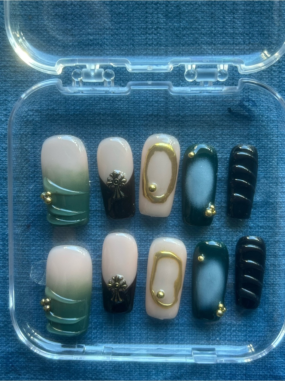 Handcrafted Green & Nude Press-On Nail Set with Gold Accents